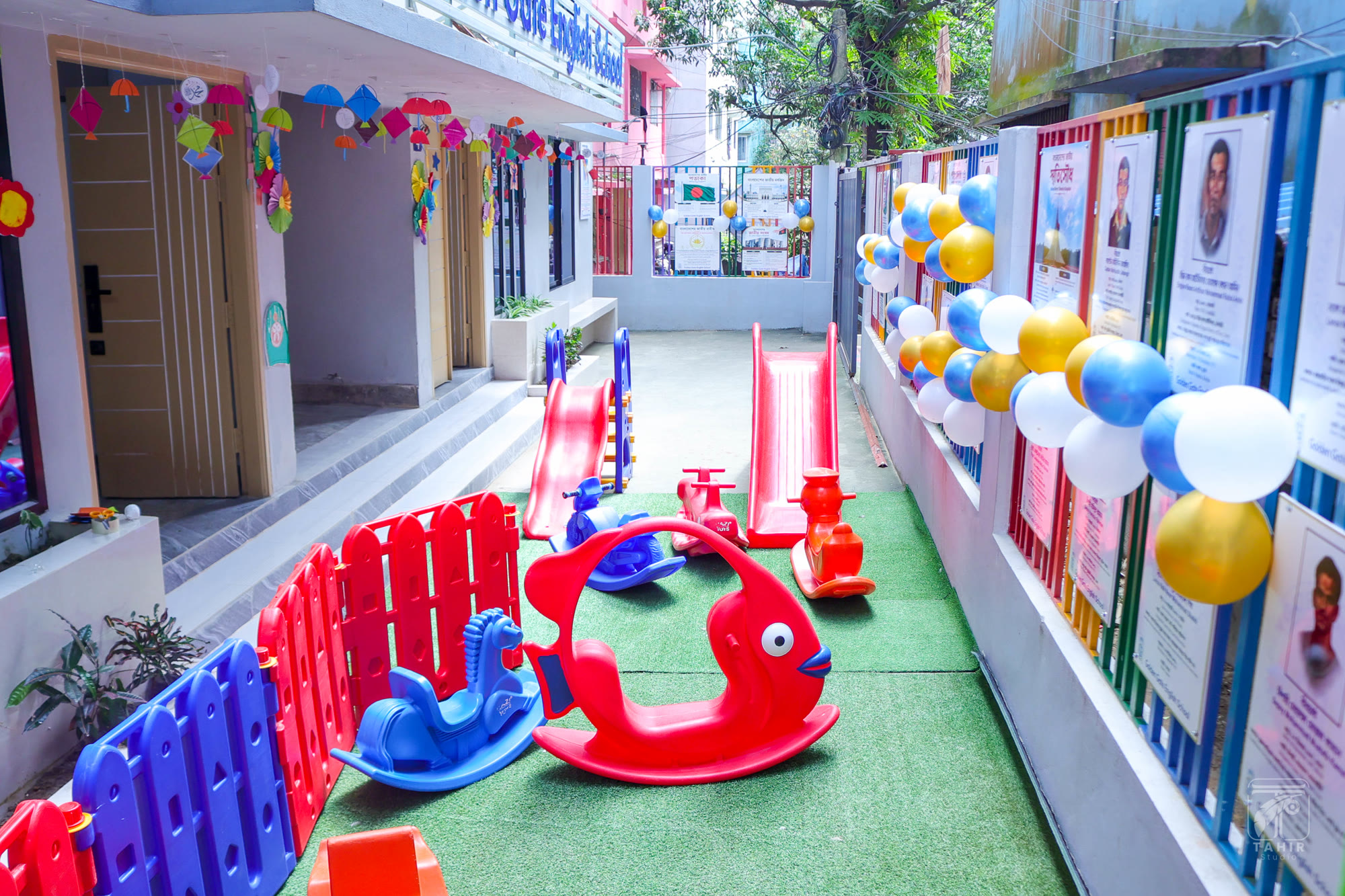 Bright school learning space with books and classroom materials